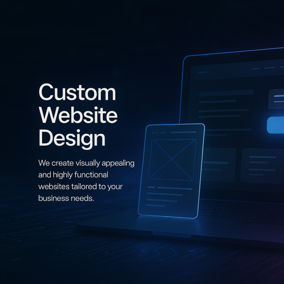 Custom website design digital illustration showing futuristic UI wireframes, a responsive layout mockup, and glowing code elements on a laptop screen. Dark tech background with blue and magenta neon accents, highlighting professional web development services.